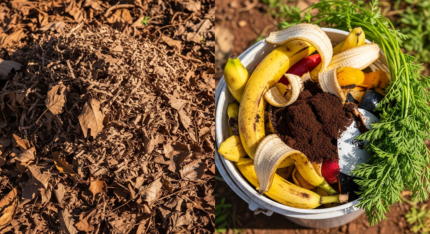 A split-screen image. On the left, a pile of dry, brown autumn leaves and shredded cardboard. On the right, a bucket of colorful kitchen scraps like banana peels, coffee grounds, and carrot tops.