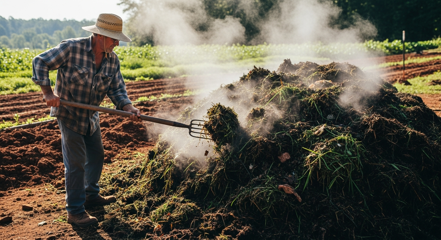 A gardener with a pitchfork is turning a compost pile. Steam is visibly rising from the center of the dark, rich material.
