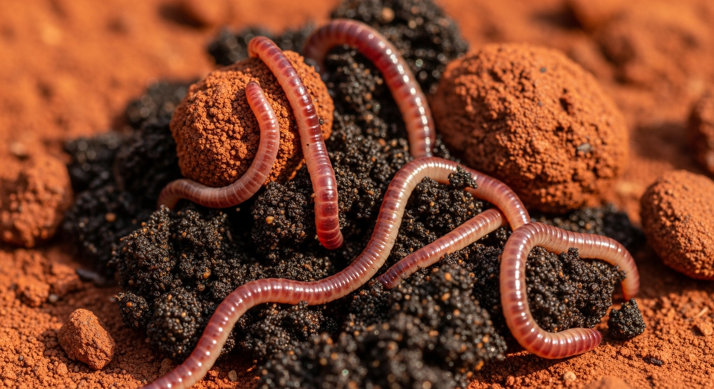 A close-up shot of a handful of rich, dark worm castings teeming with several red wiggler worms.