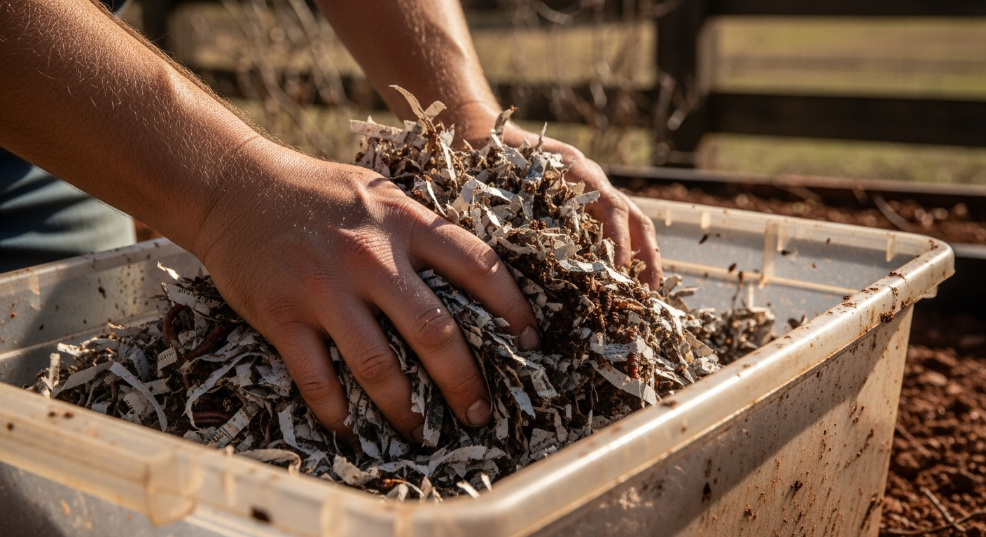 Hands gently fluffing up moist, shredded newspaper inside a plastic worm bin.
