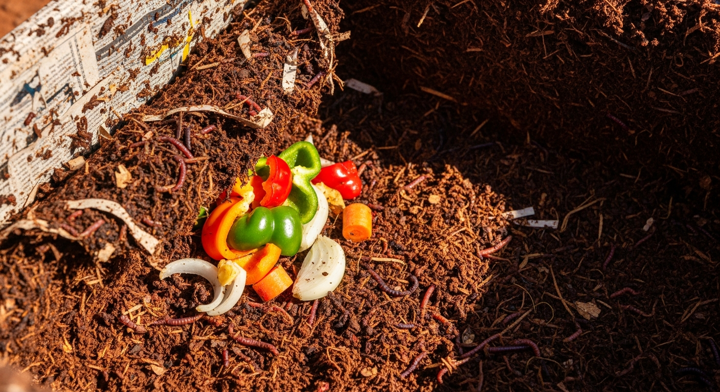 A corner of the bedding in a worm bin is pulled back to reveal a small pocket of chopped vegetable scraps being added.