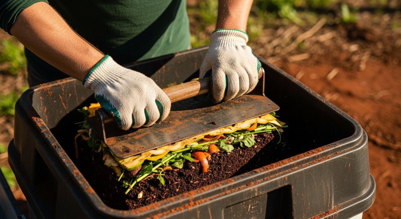 A person wearing gloves is using a flat tool to press down a layer of food scraps inside a Bokashi bin.