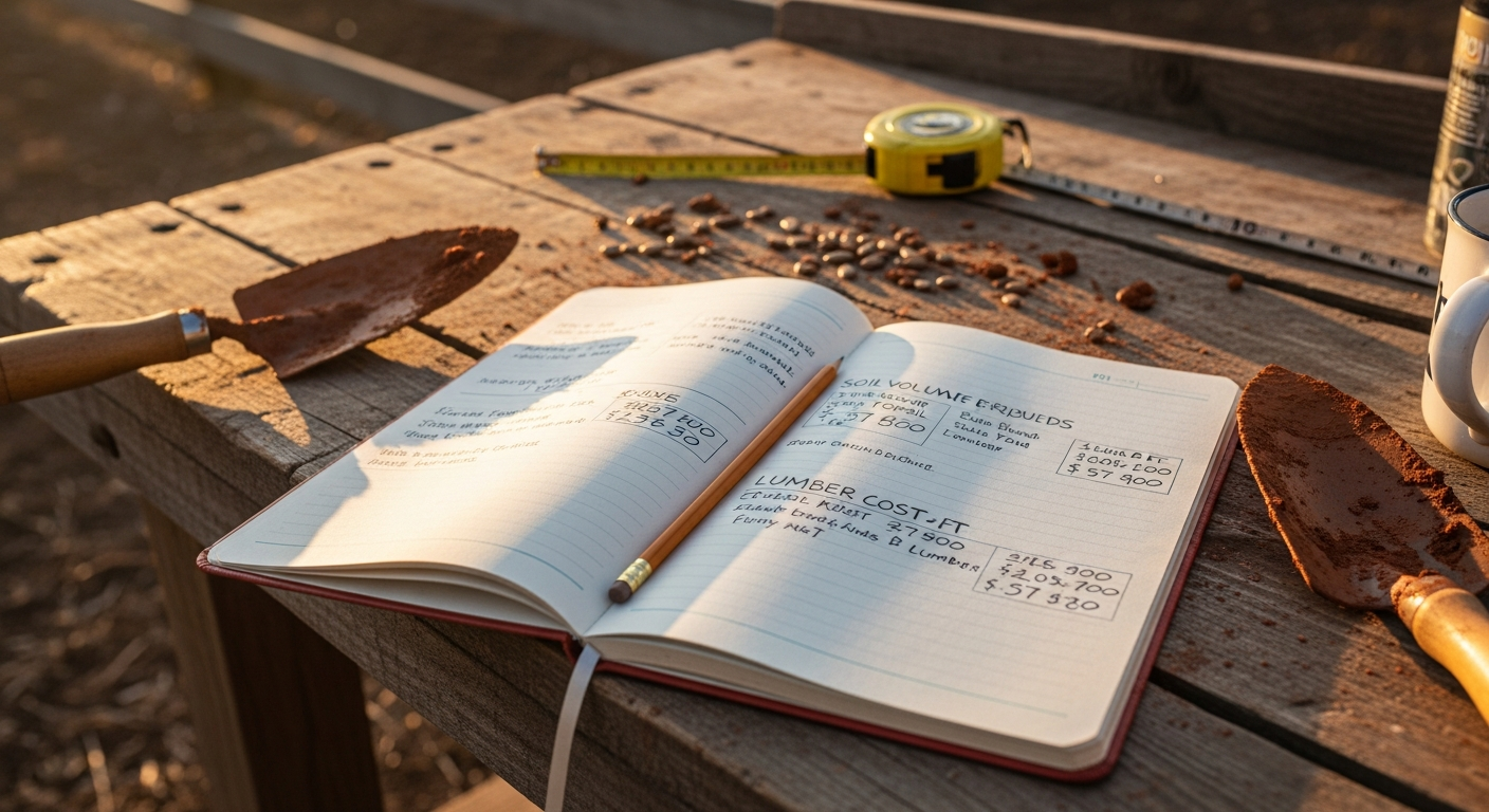 A market gardener's notebook open on a workbench, showing hand-written calculations for soil volume and lumber costs.