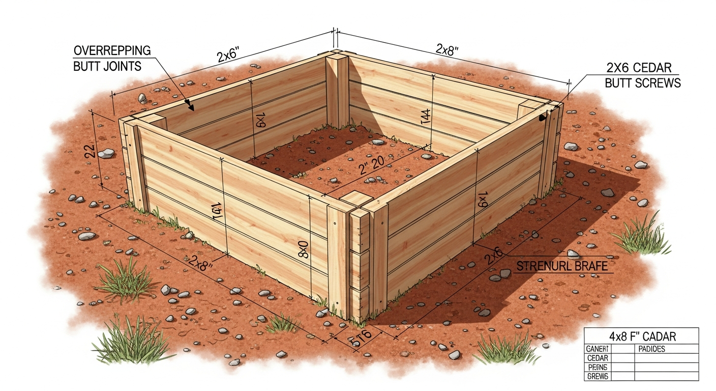 A detailed technical drawing of a 4x8 foot raised bed constructed from 2x6 cedar planks, showing corner joinery and bracing.