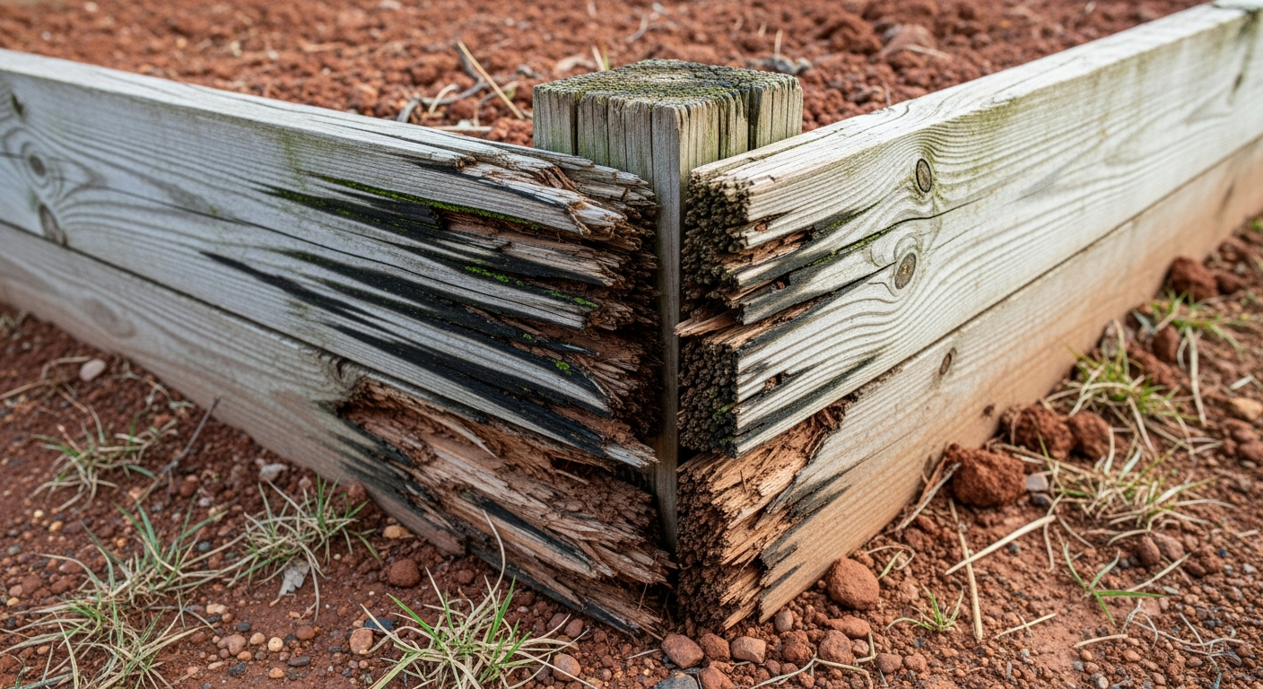 A cracked and warped pine raised bed after three years of weather exposure, showing signs of rot at the corners.