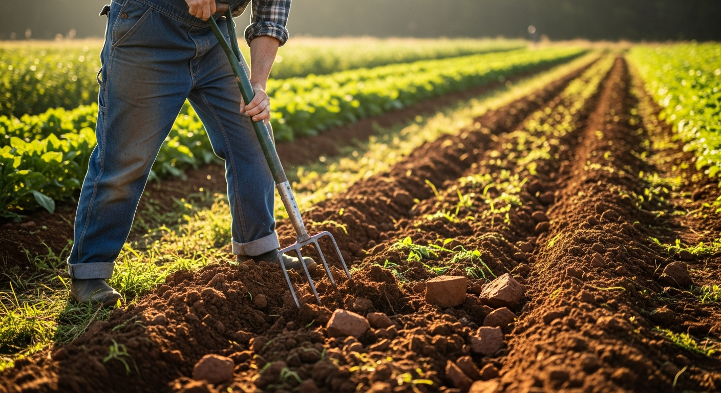 A market gardener using a broadfork to aerate a 30-inch wide permanent in-ground bed, soil structure is visible.