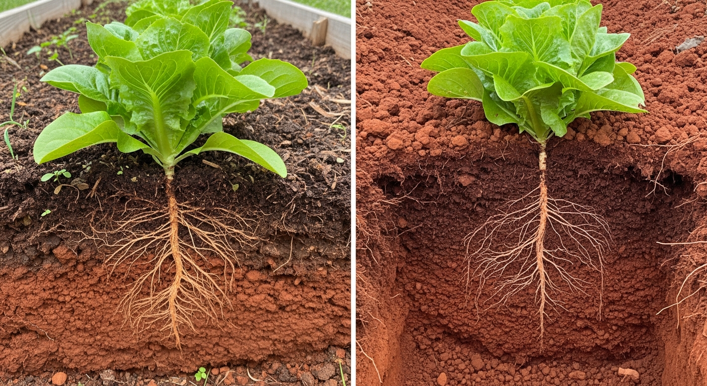 A side-by-side comparison photo showing the root depth of a lettuce plant grown in a shallow raised bed versus one grown in a deep, aerated in-ground bed.