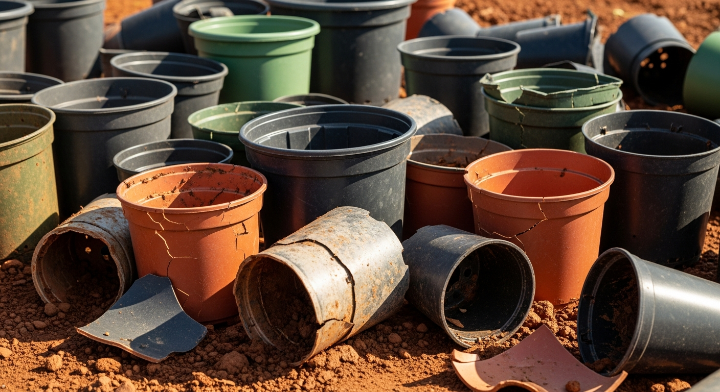 A collection of various plastic nursery pots, some cracked and faded from UV damage, illustrating poor long-term durability.