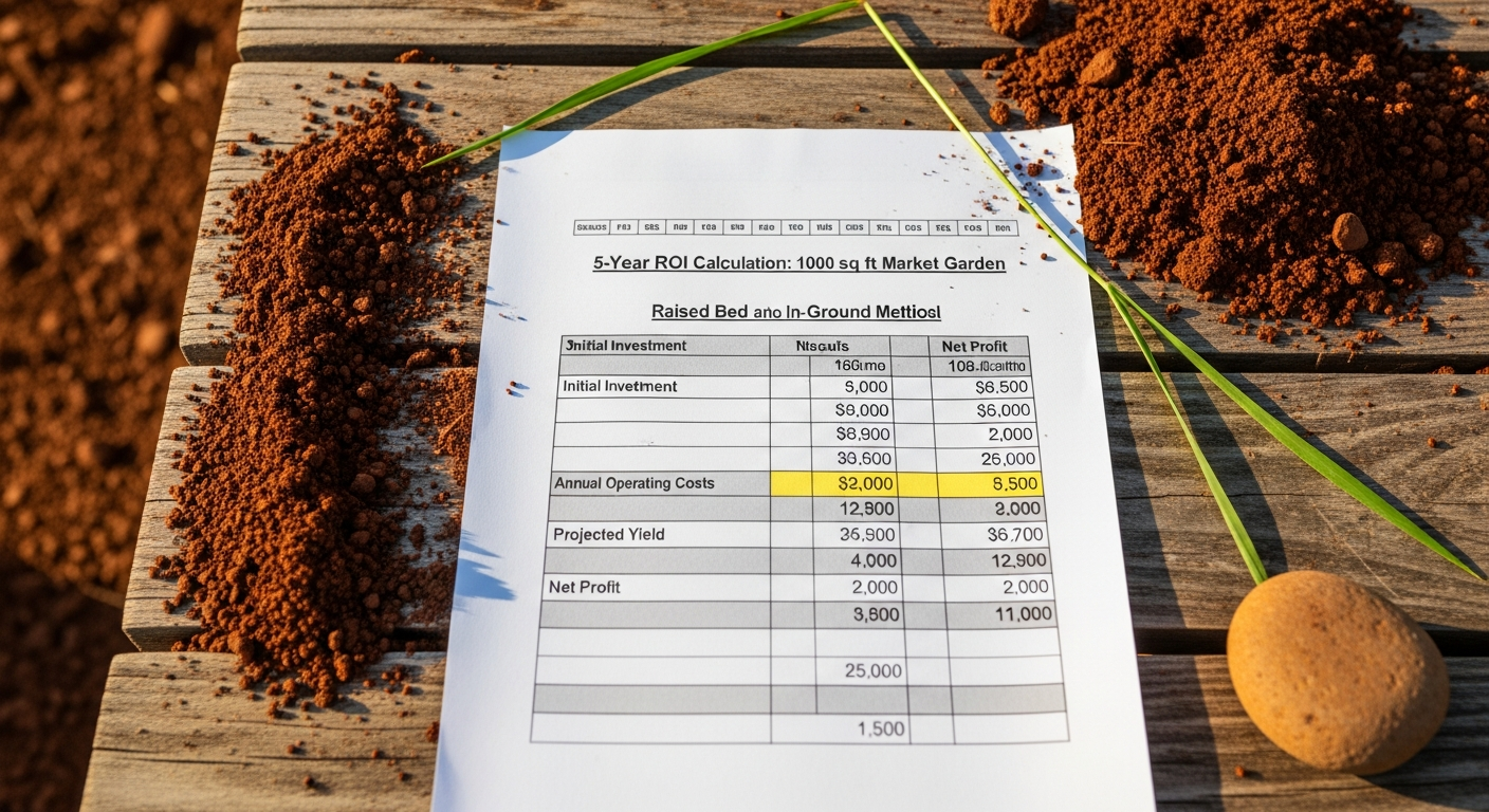 A spreadsheet printout showing a 5-year ROI calculation for a 1000 sq ft market garden, comparing raised bed vs in-ground costs.