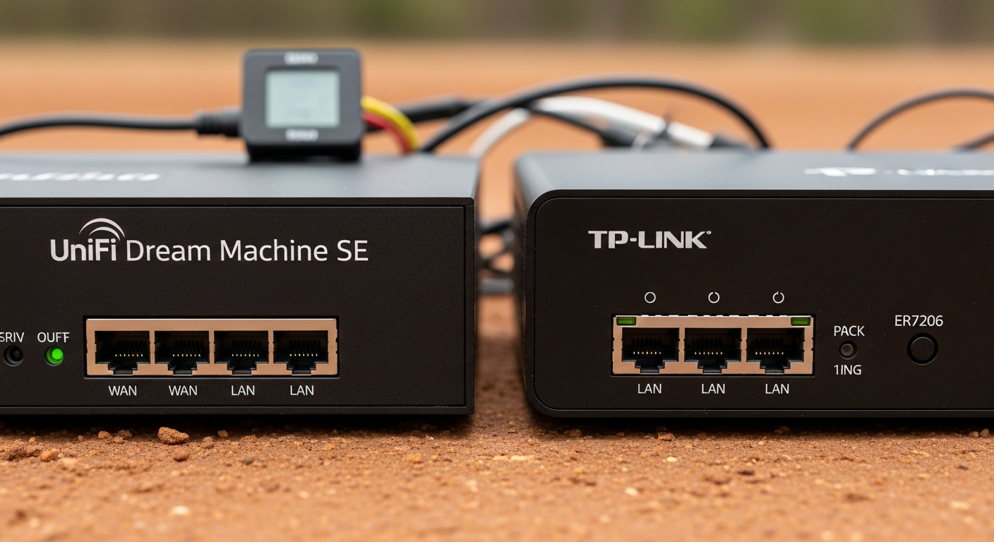 Side-by-side close-up of the front ports of a UniFi Dream Machine SE and a TP-Link ER7206 router, highlighting the WAN and LAN ethernet ports. - 
