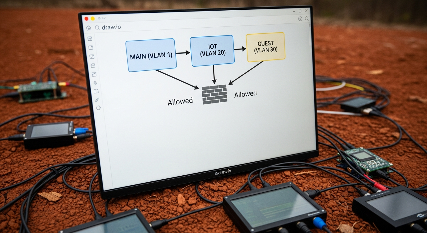 A simple network diagram created with a tool like draw.io. It shows three boxes labeled 'MAIN (VLAN 1)', 'IOT (VLAN 20)', and 'GUEST (VLAN 30)', with a firewall icon between them. Arrows indicate allowed traffic flow. - 