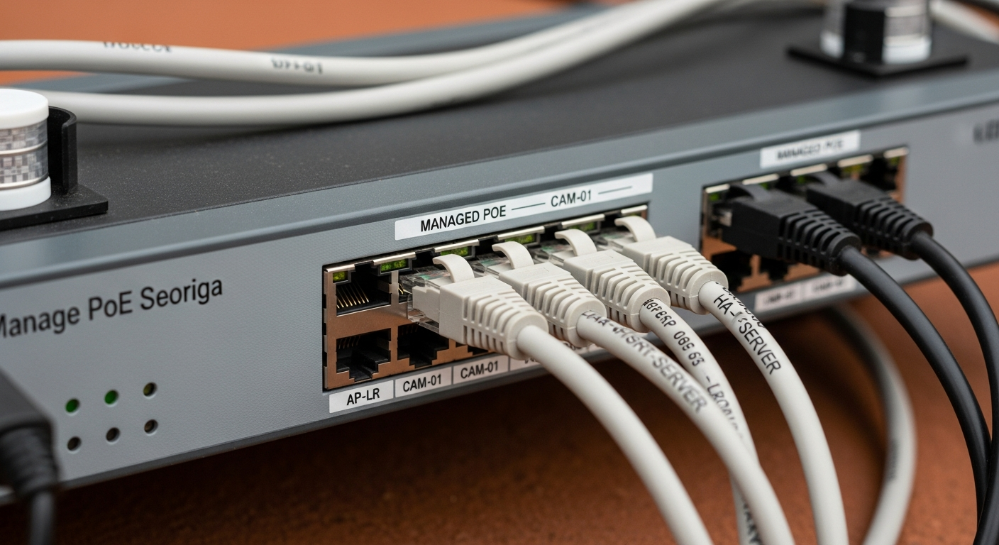 A close-up shot of ethernet cables being plugged into a managed PoE switch. The ports are labeled with printed labels like 'AP-LR', 'CAM-01', 'HA-SERVER'. - 
