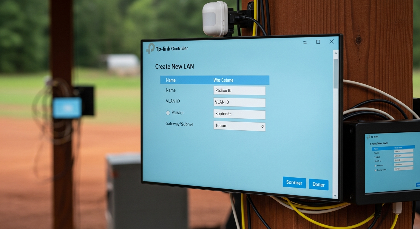 Screenshot of the TP-Link Omada controller interface showing the 'Create New LAN' screen, with fields for Name, VLAN ID, and Gateway/Subnet. - 
