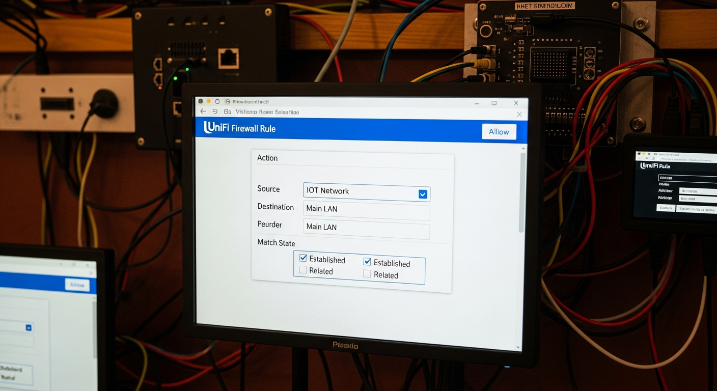 A screenshot of the UniFi firewall rule creation page. The action is set to 'Allow', the source is 'IOT Network', the destination is 'Main LAN', and the 'Match State' checkboxes for 'Established' and 'Related' are ticked. - 