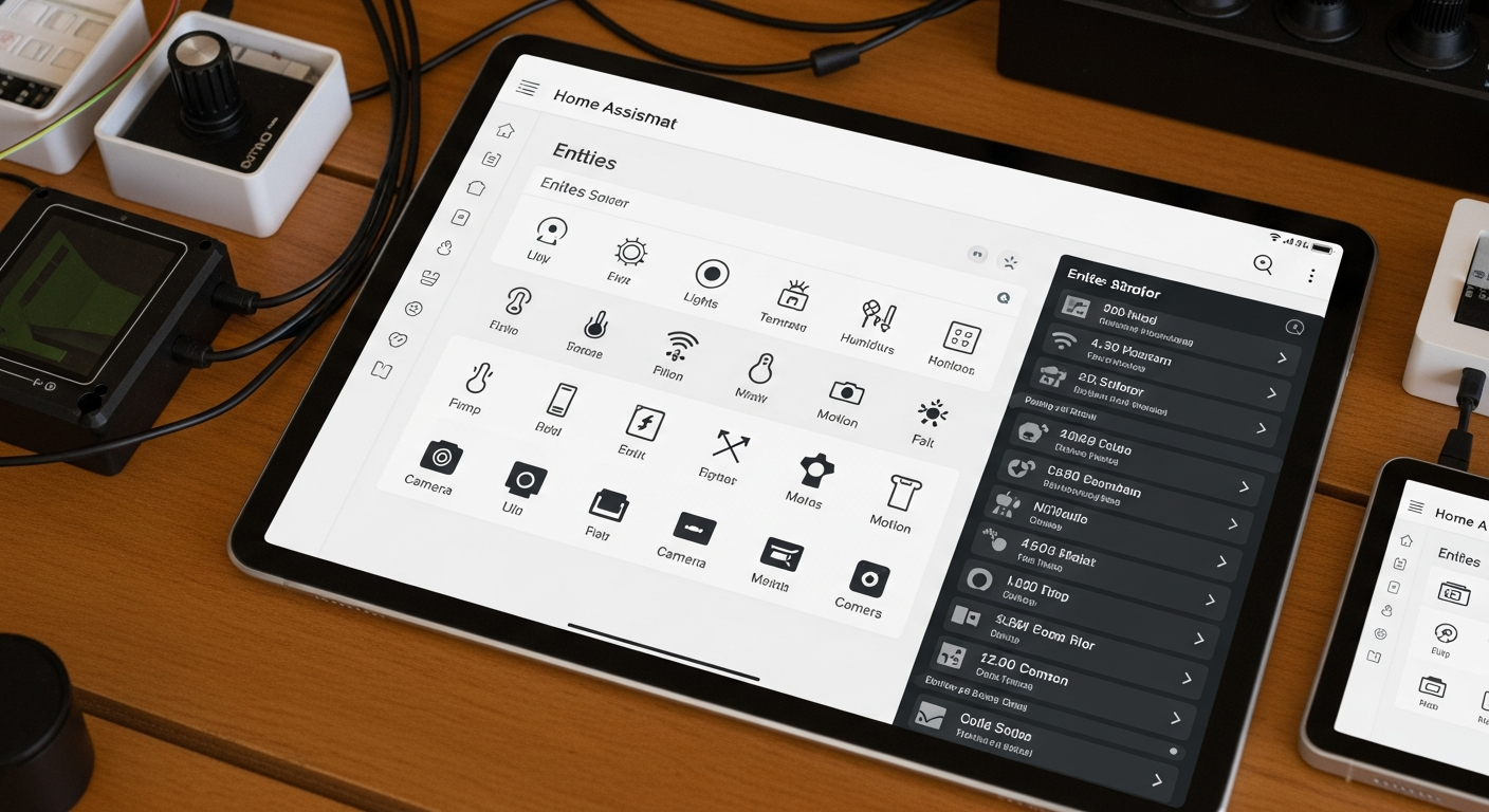 A clean Home Assistant dashboard on a tablet. It shows entities for lights, sensors, and cameras, with status indicators showing they are all online and responsive. - 