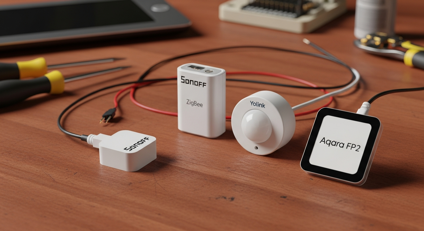 A workbench with three different sensors laid out: a small white Sonoff Zigbee sensor, a larger Yolink LoRa motion sensor, and a square Aqara FP2 mmWave sensor. Tools like a screwdriver and wire strippers are in the background. - 