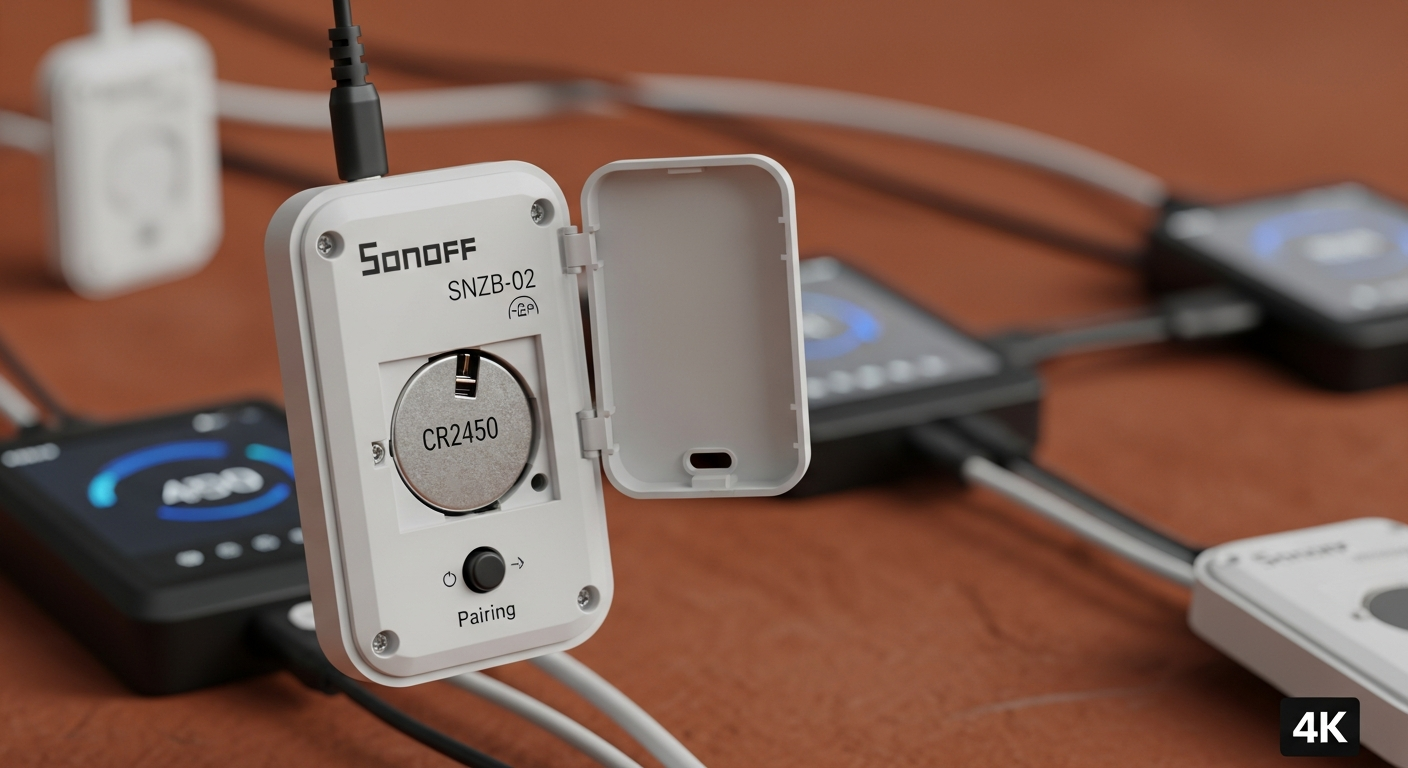 Close-up of a Sonoff SNZB-02 sensor with the back cover removed, showing the CR2450 battery and the small black pairing button. - 
