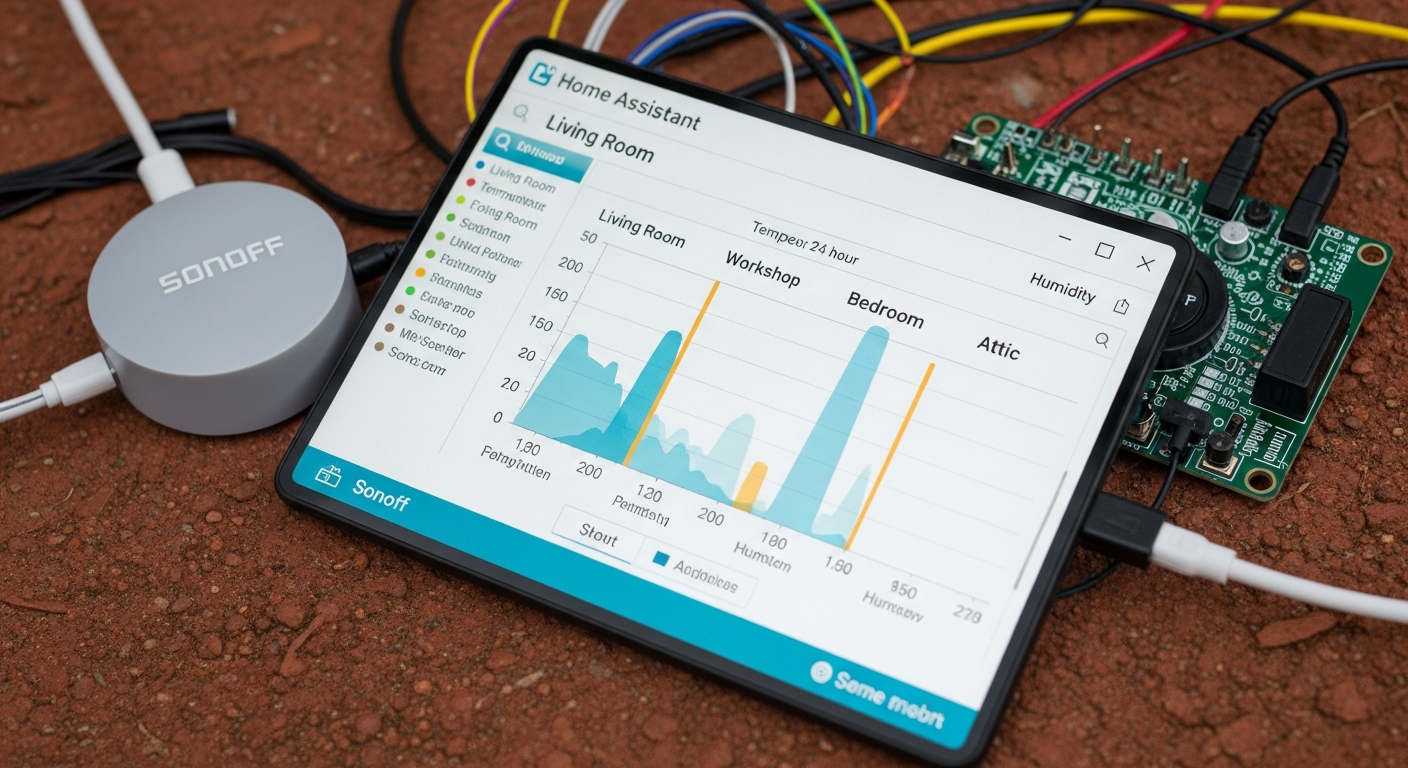 Screenshot of a Home Assistant dashboard showing a graph of temperature and humidity data from four different Sonoff sensors over 24 hours, labeled 