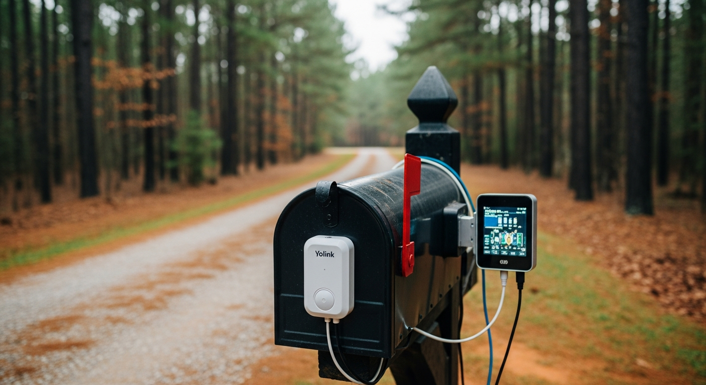 A Yolink outdoor contact sensor mounted on a black metal mailbox at the end of a long gravel driveway, with dense Georgia pine trees in the background. - 
