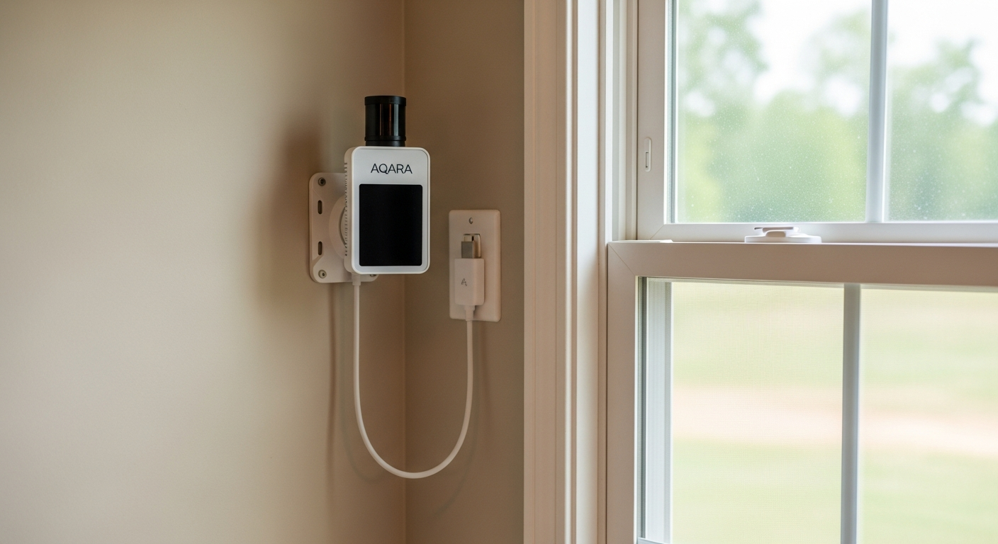 An Aqara FP2 sensor mounted high in the corner of a living room, showing its white USB-C power cable neatly routed down the wall corner. - 
