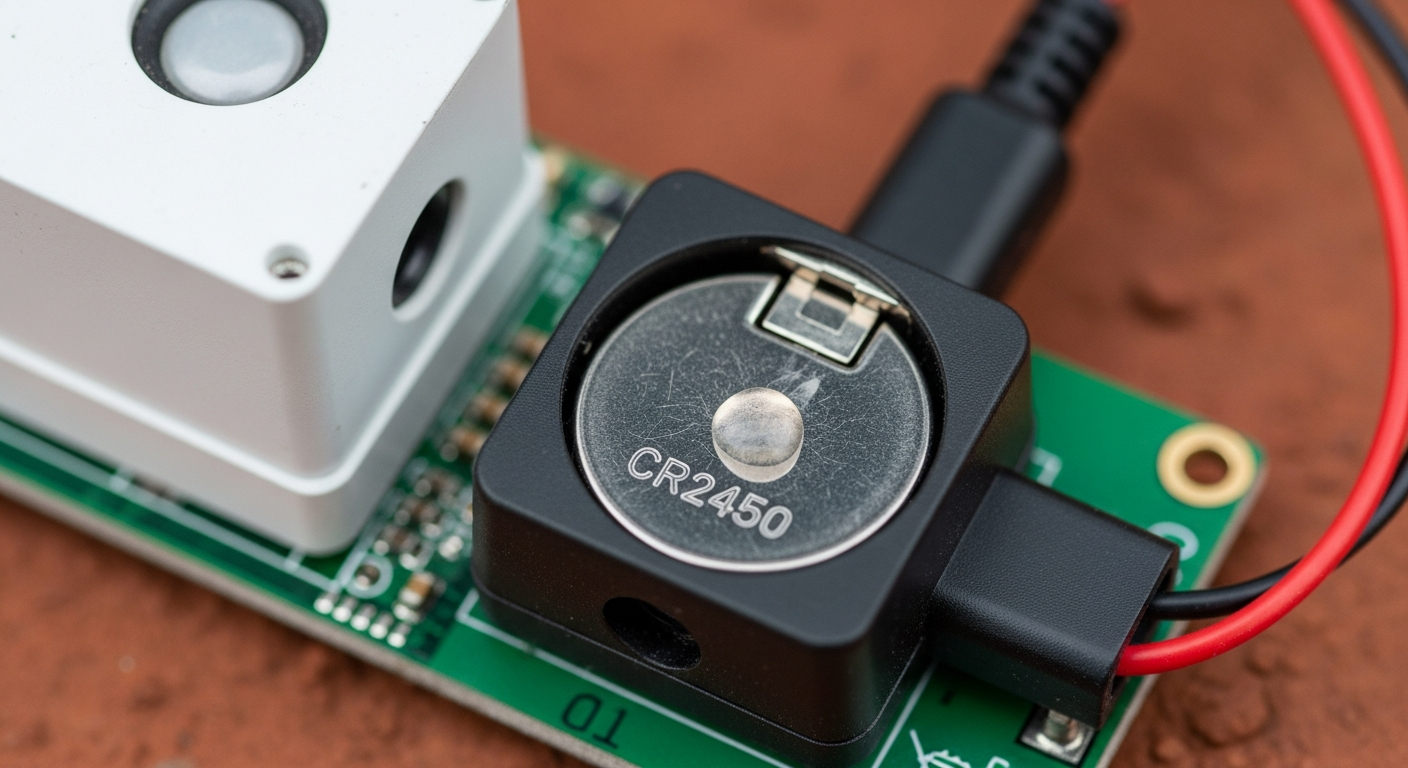 A macro shot of a CR2450 coin cell battery terminal inside a sensor, with a small dab of clear dielectric grease applied. - 