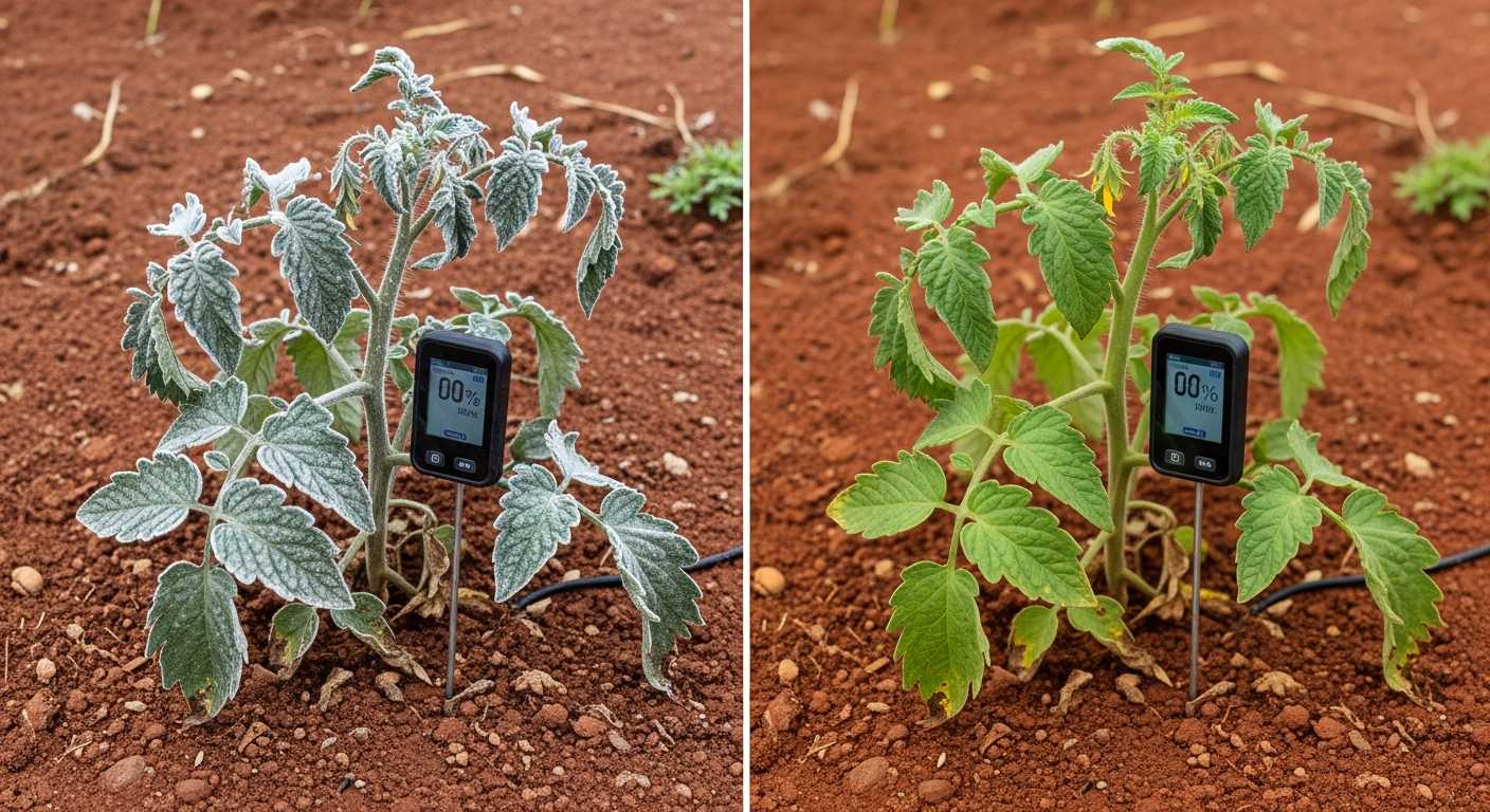 A split-screen image. Left side shows a wilted, frost-damaged tomato plant. Right side shows a healthy, identical plant with a waterproof temperature probe visible in the soil next to its stem.