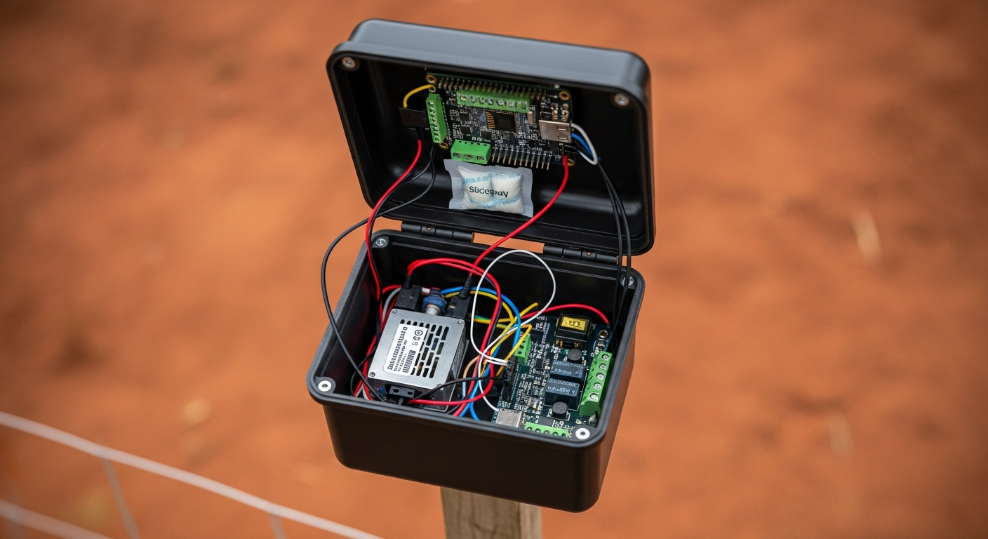 An IP67-rated project box mounted on a T-post in a garden. The lid is open, revealing a neatly wired ESP32, power supply, and relay board inside. A small silica gel packet is visible for humidity control.