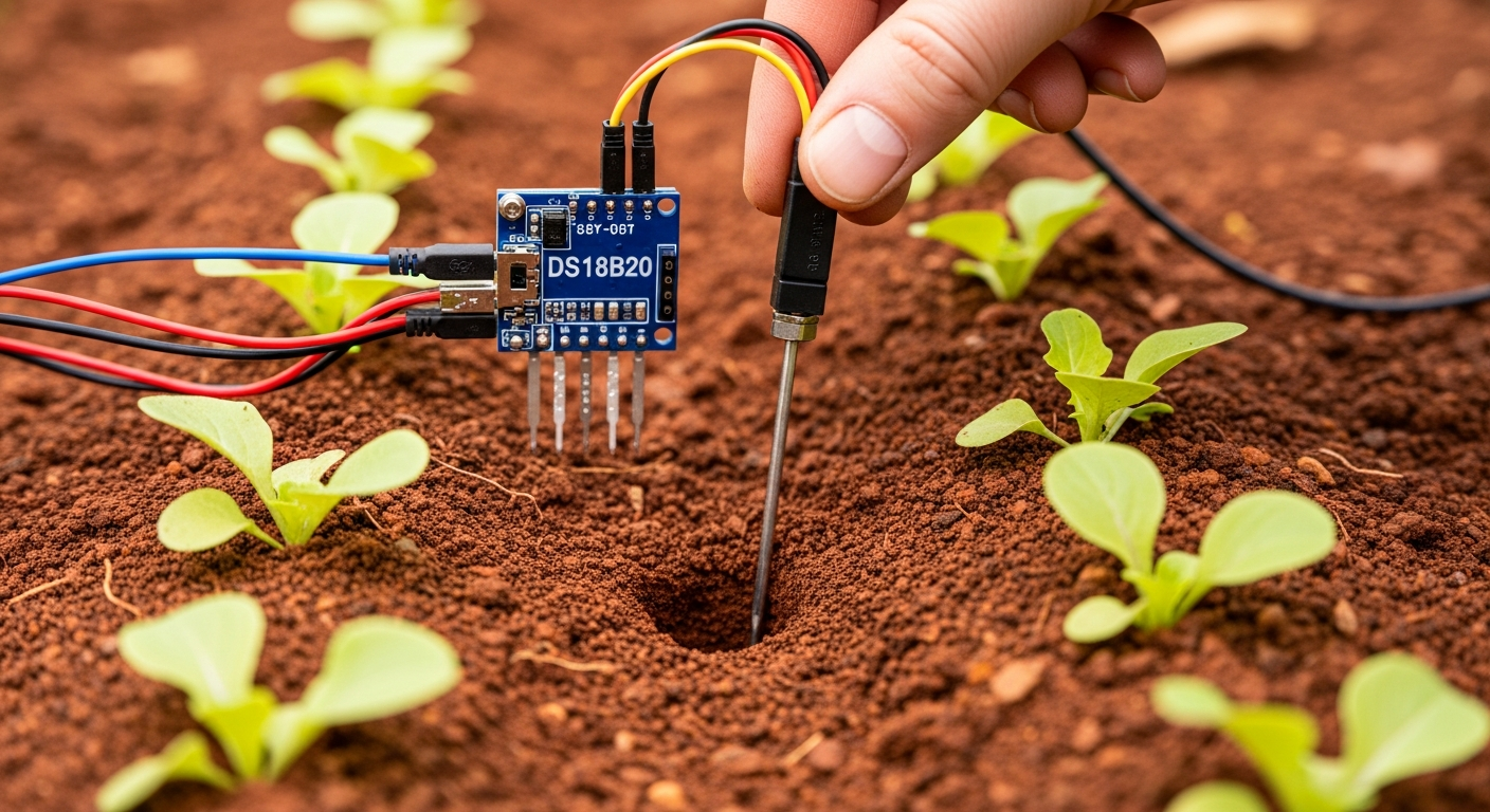 A close-up shot of a DS18B20 temperature probe being carefully inserted into a pre-drilled hole in dense, red clay soil next to a row of young lettuce seedlings.