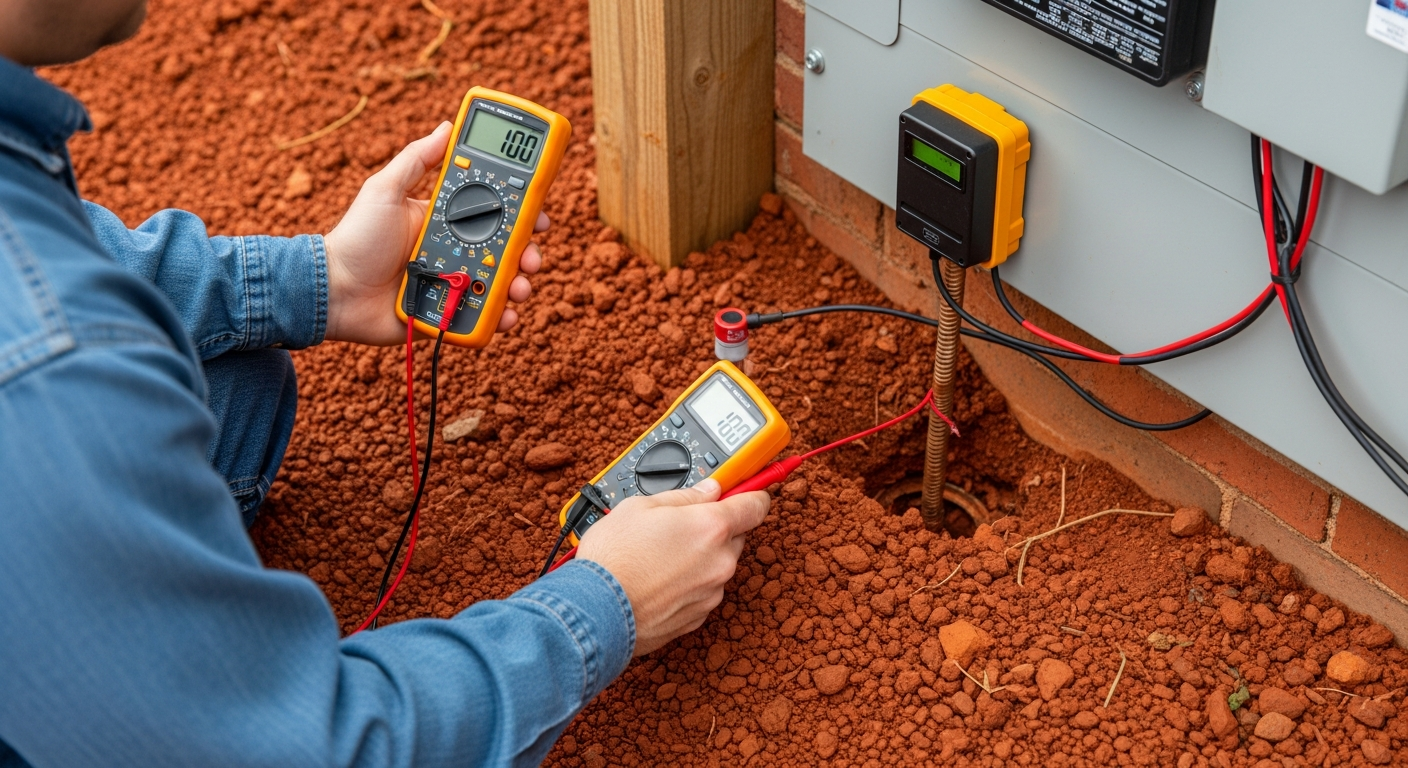 A field engineer using a multimeter to test the resistance between a newly installed grounding rod and the main service panel ground. The red clay soil is prominent.