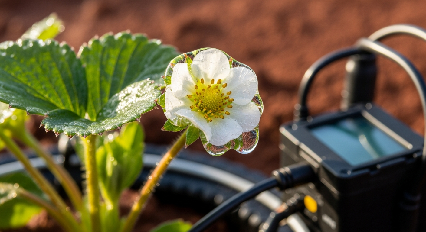A macro shot of a strawberry blossom encased in a perfect, clear layer of ice from an automated sprinkler system. The morning sun is hitting the ice, causing it to glisten.