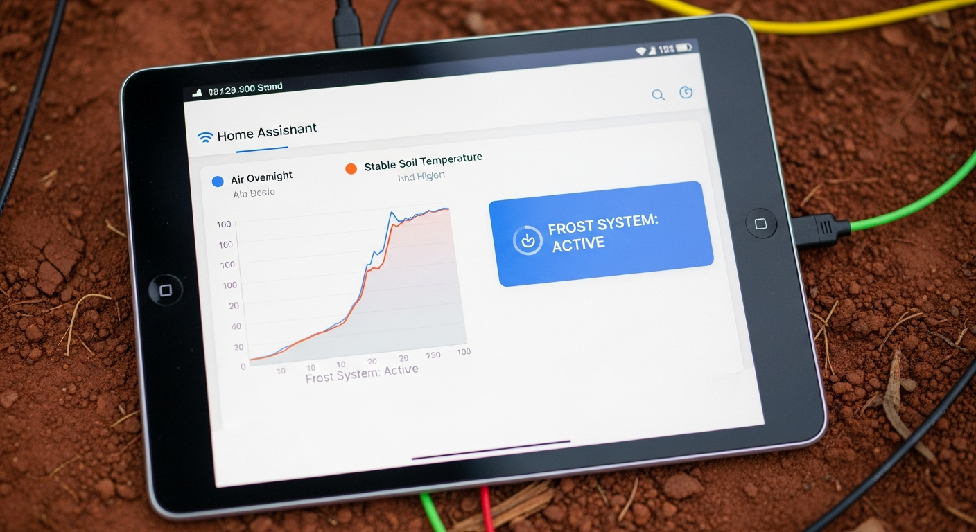 A screenshot of a Home Assistant dashboard on a tablet. It shows a graph with plunging overnight air temperature and a stable, higher soil temperature. A status indicator shows 'FROST SYSTEM: ACTIVE'.