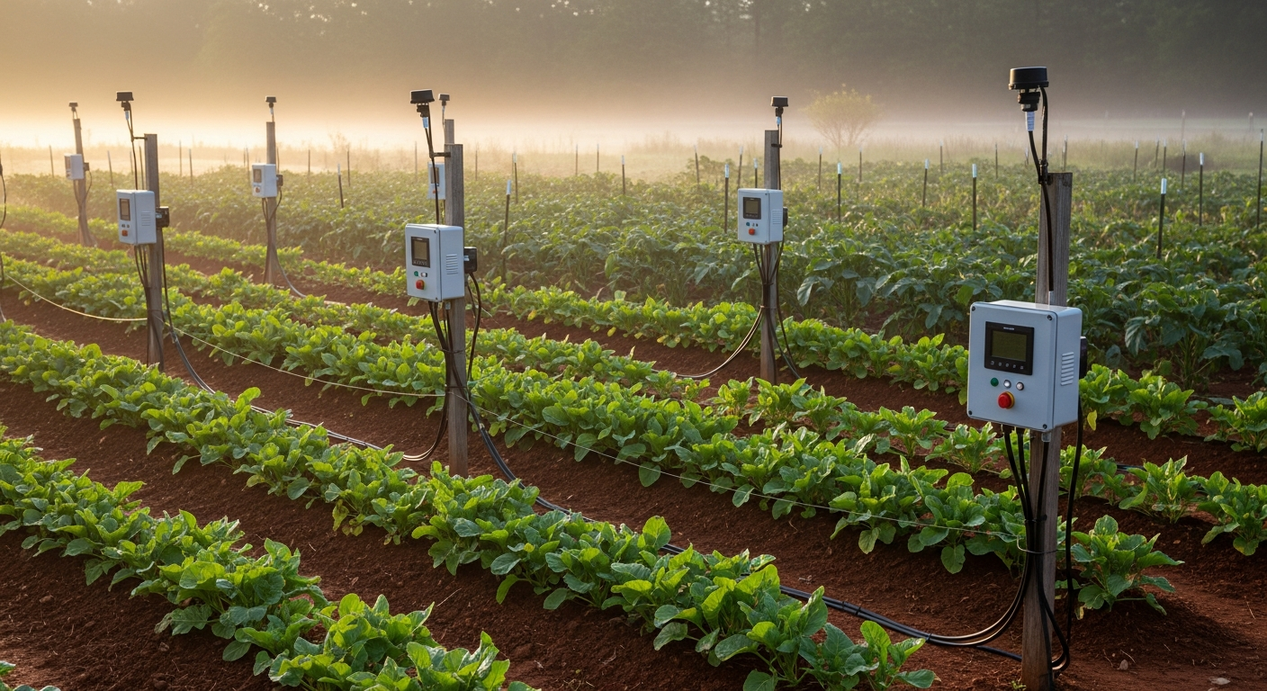 A wide shot of a homestead garden at dawn. A light mist is rising, and the automated frost protection system is visible, with control boxes mounted neatly on posts among rows of healthy, thriving vegetables.