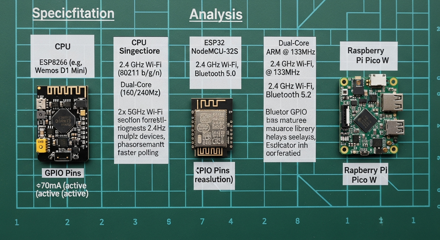 A workbench scene with a tray of electronic components. In focus is a side-by-side comparison of a cheap blue DHT11 sensor and a high-quality purple BME280 module. The superior build quality of the BME280 should be apparent. - 