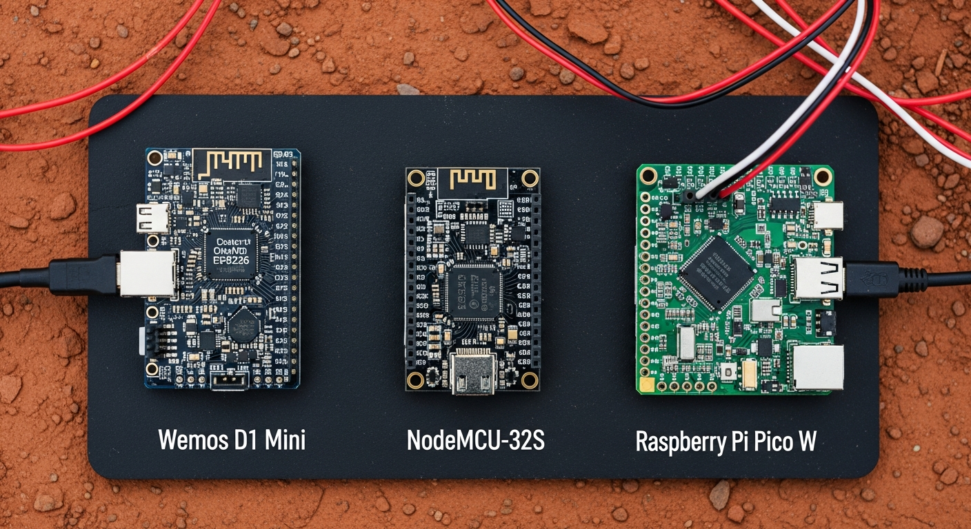 Overhead shot of three microcontrollers side-by-side on an anti-static mat: a Wemos D1 Mini (ESP8266), a NodeMCU-32S (ESP32), and a Raspberry Pi Pico W. Label each one clearly. - 