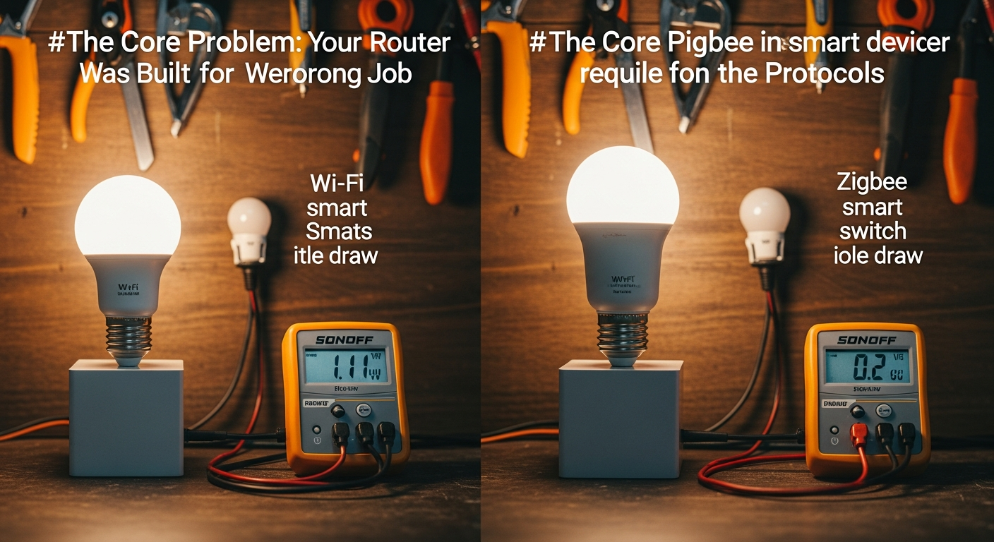Close-up shot of the base of an IKEA Trådfri bulb and a Philips Hue bulb side-by-side on a wooden surface, showing the Zigbee logo and model number markings. - 
