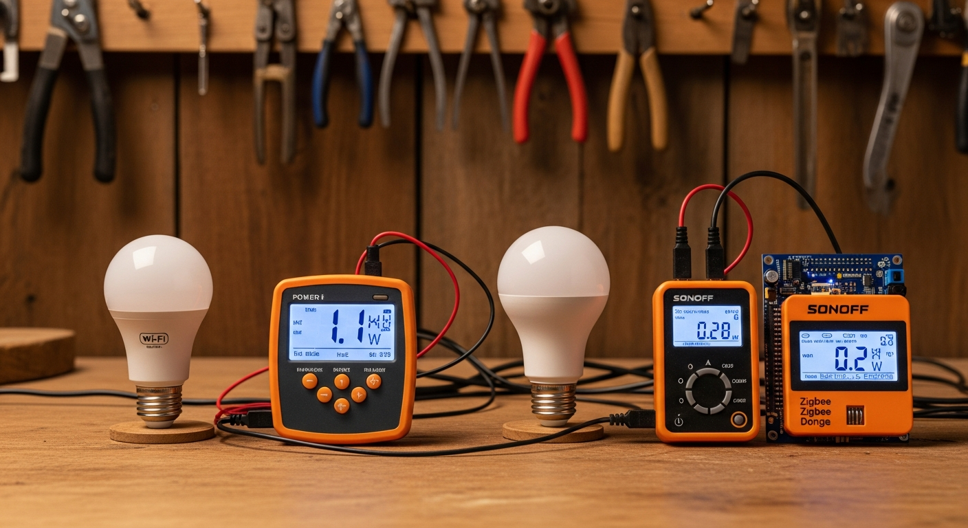 A workbench scene. On the left, a single Wi-Fi smart bulb is connected to a power meter showing a 1.1W idle draw. On the right, a Zigbee smart bulb and a SONOFF Zigbee dongle are connected to another power meter showing a 0.2W total idle draw. The background is a rustic wooden wall with tools hanging on it. - 