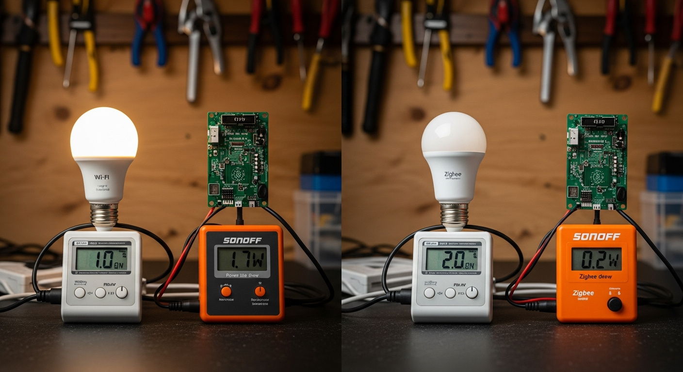 A macro shot of a SONOFF Zigbee 3.0 USB Dongle Plus plugged into one of the USB ports of a Raspberry Pi 4. The green indicator light on the dongle is on. - 