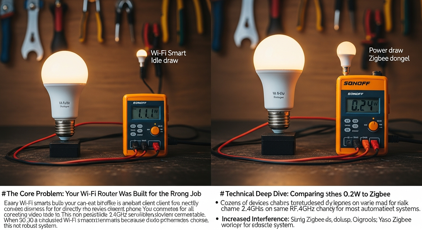 A simple line diagram illustrating a Wi-Fi star network. A central router icon has straight lines radiating out to 15 individual light bulb icons. One bulb icon at the edge is red with a broken line, labeled 