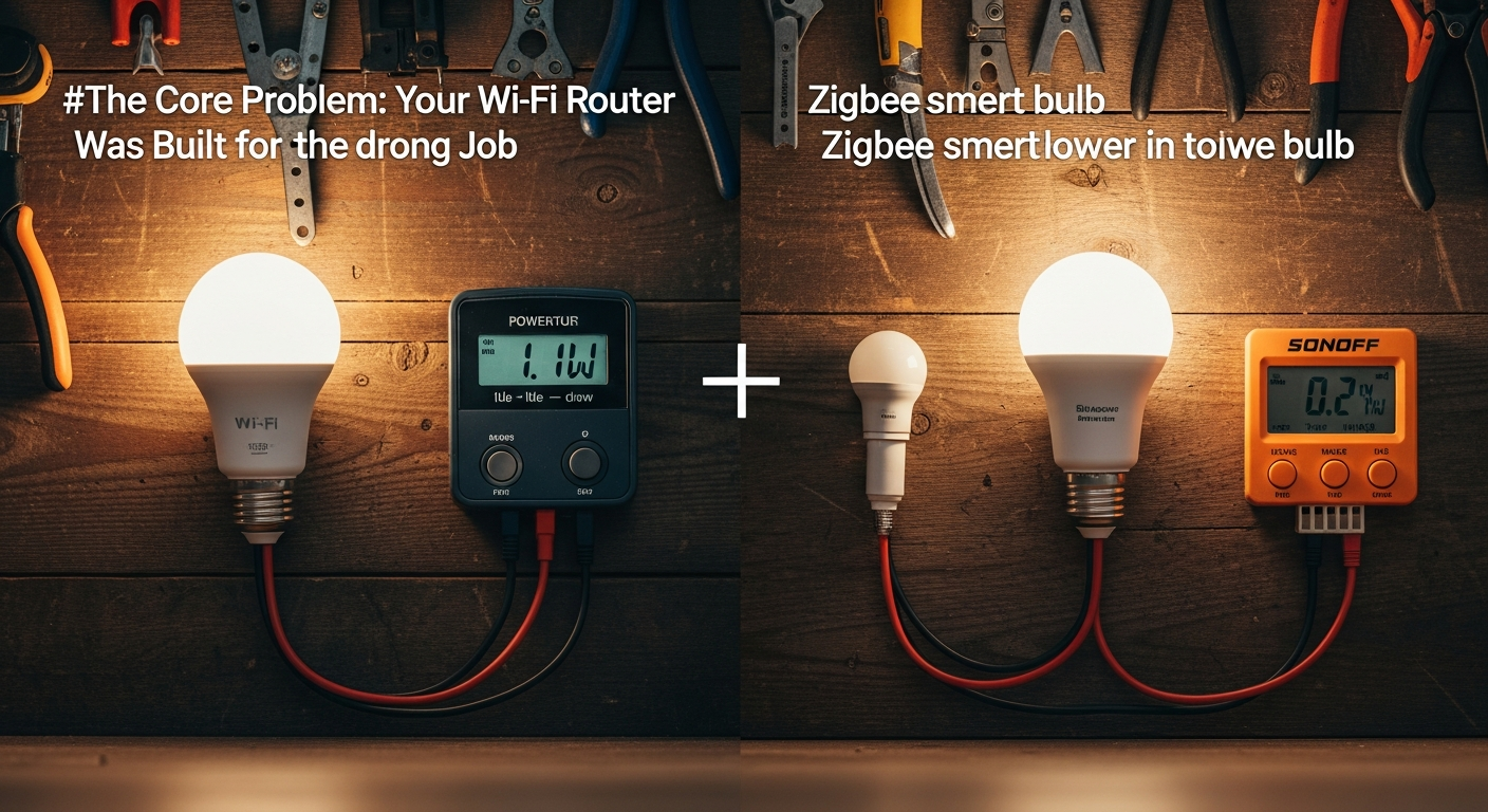 A simple line diagram illustrating a Zigbee mesh network. A central coordinator icon is connected to a few nearby bulb icons. Those bulbs are then connected to other, more distant bulbs, forming a web-like structure that routes around a large gray rectangle labeled 
